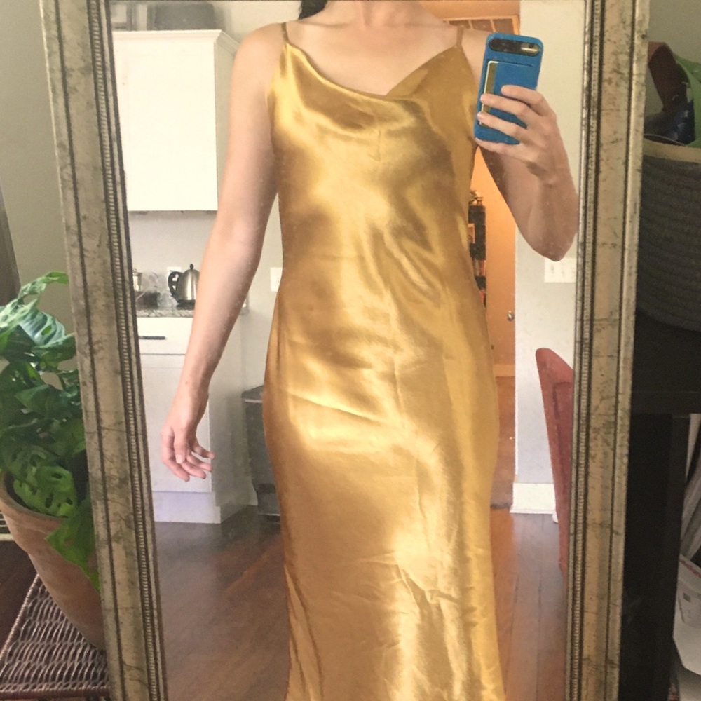 Dark gold satin cowl midi slip dress